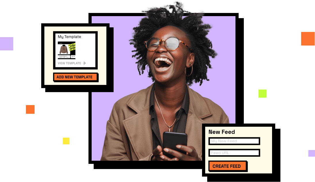 Illustration of creative templates and a catalog feed beside a person using their phone